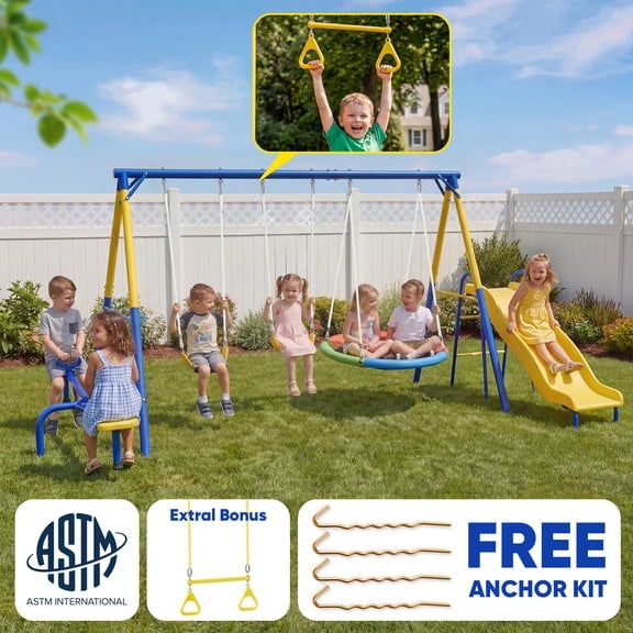 Metal Swing Sets for Backyard,Fashionsport Outfitters Heavy-Duty Outdoor Kids Swing Sets for Playground,Outside Toys with Saucer Swing,Teeter-Totter,Slide,Person Swing Seat,Trapeze Bar for Aged 3-12