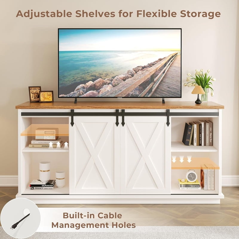 Bigleap 65 Inch TV Stand with Sliding Barn Doors, Adjustable Shelves Media Console, Farmhouse Entertainment Center for Living Room Storage，White