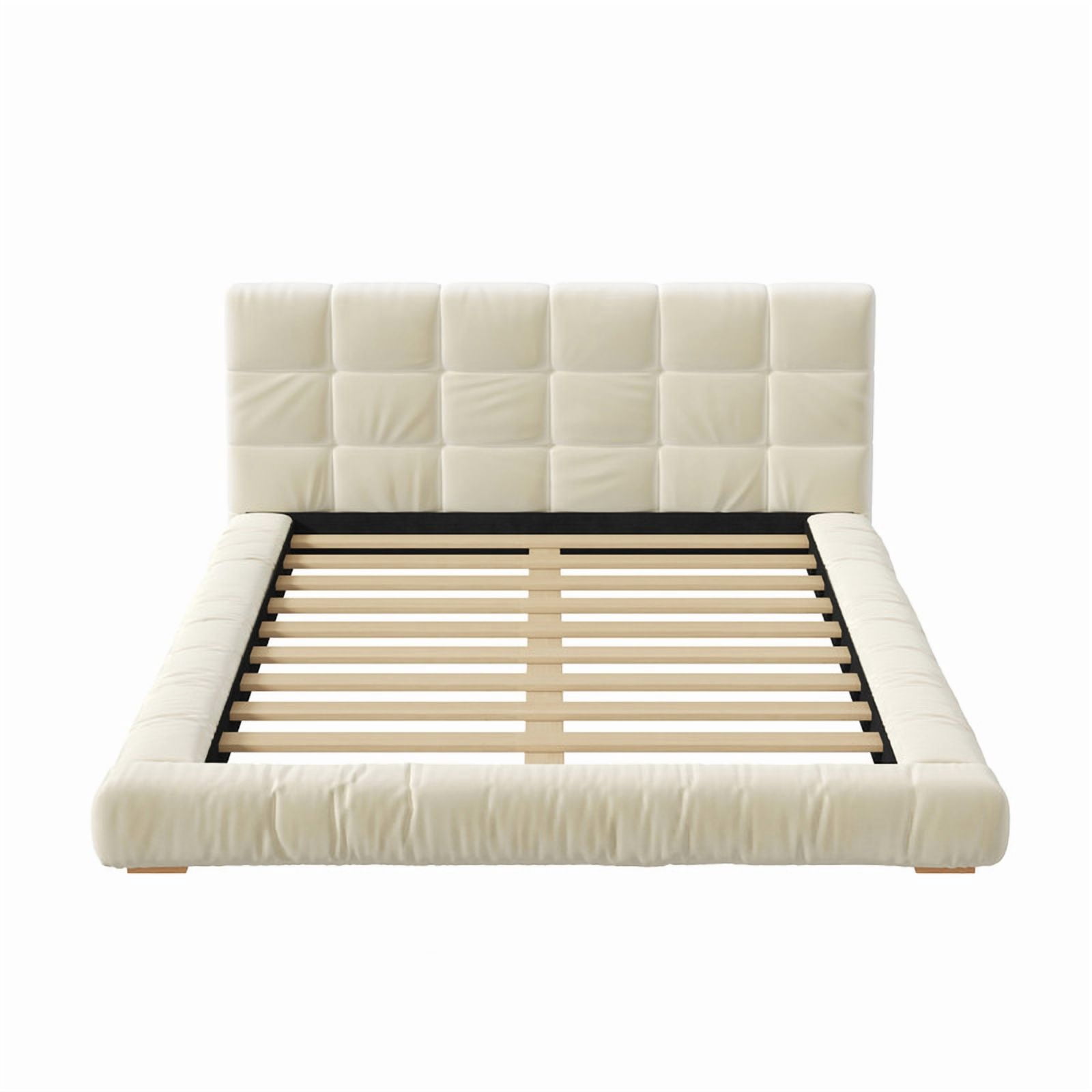Velvet Queen/King Size Platform Bed Frame, Upholstered Floor Bed, Fully Wrapped Grounded Bed with Channel Tufted Headboard