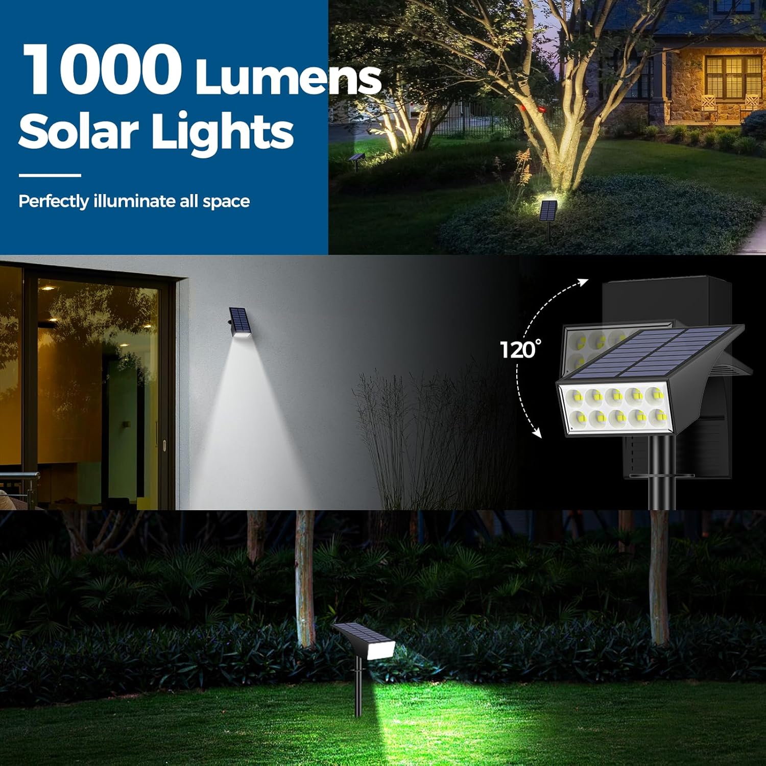 Solar Lights Outdoor, 6 pack, 4 Modes Auto On/Off, Waterproof LED Solar Spotlights for Pathway, Yard, Garden, Wall, Tree, Pool - Cool White