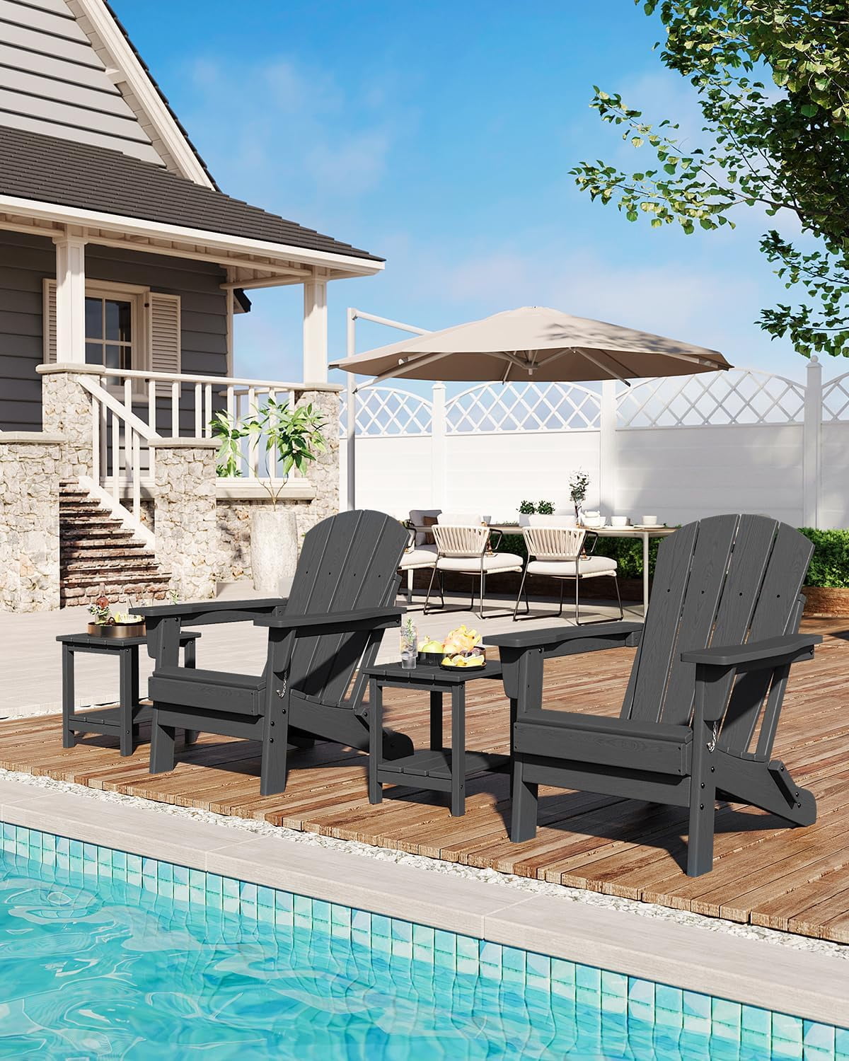 Folding Adirondack Chairs, HDPE Plastic Outdoor Chairs with Wood Texture 380Lbs & Weather Resistant for Fire Pit, Deck, Patio, Pool, Backyard Black