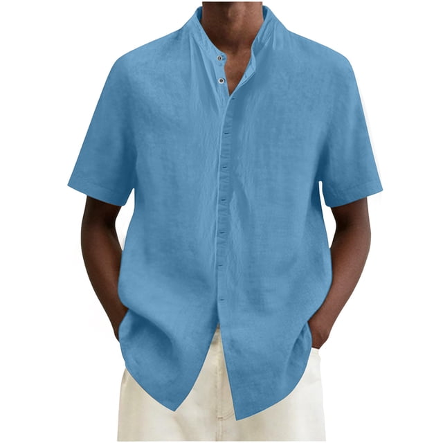 Camisas de Lino de Manga Corta de los Hombres Color Sólido Casual Abierto Delantero Botón-Arriba Soporte Cuello Superior