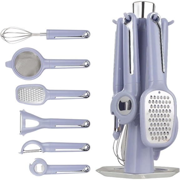 7-Piece Kitchen Gadget Set, Stainless Steel Cooking Utensils Set, with A Sleek Storage Stand, with Holder, Includes Peeler, Grater, Whisk, Bottle Opener, Strainer