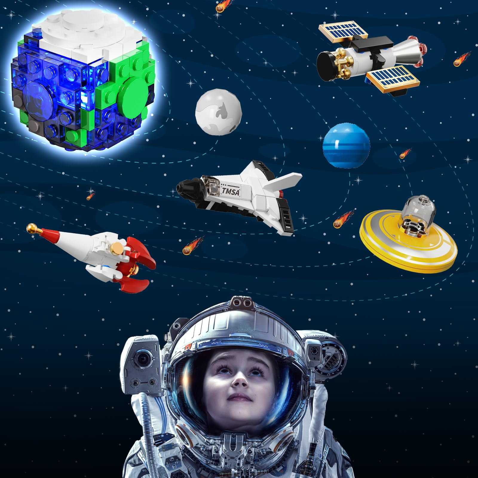 CUBIMANA Planet Building Block Set, Rotatable Earth Exploration Educational Toys for Kids Aged 6+