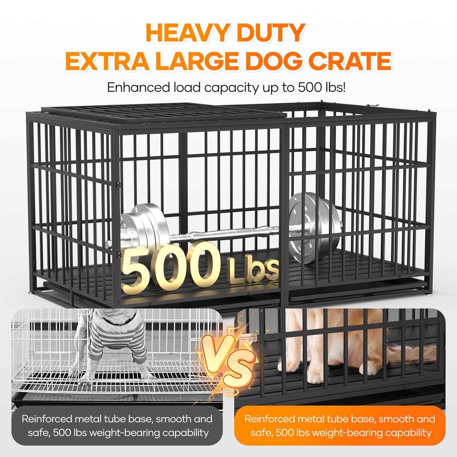Aukfa 61" Extra Long Indestructible Dog Crate with Comfy Dog Pad for Large Dogs, Heavy Duty Steel Escape Proof Kennel, 2 Door&Removable Tray