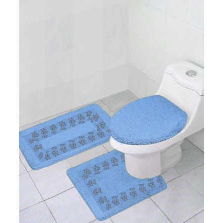 5 Light Bath - 3PC 5 LIGHT BLUE BANDED BATHROOM SET BATH MAT COUNTOUR RUG LID COVER PLAIN SOLID COLORS
