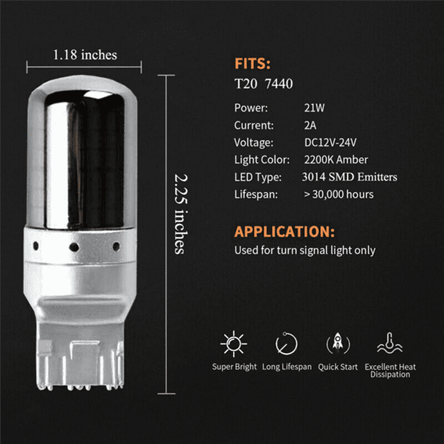 6Pcs Chrome 7440 T20 144SMD Canbus Error Free LED Lamp Bulb Turn Signal Light. The image displays a silver chrome LED bulb with a height of 2.25 inches and a diameter of 1.18 inches. It is designed for turn signal lights and features 144 3014-SMD LED diodes, delivering 1000 lumens of brightness. The bulb supports plug-and-play installation, operates at 12V DC with a 21W output, and fits 7440, W21W, or T20 sockets. Its chrome housing integrates seamlessly with headlight assemblies, avoiding visible yellow debris. The package includes six bulbs, each with a lifespan exceeding 30,000 hours.