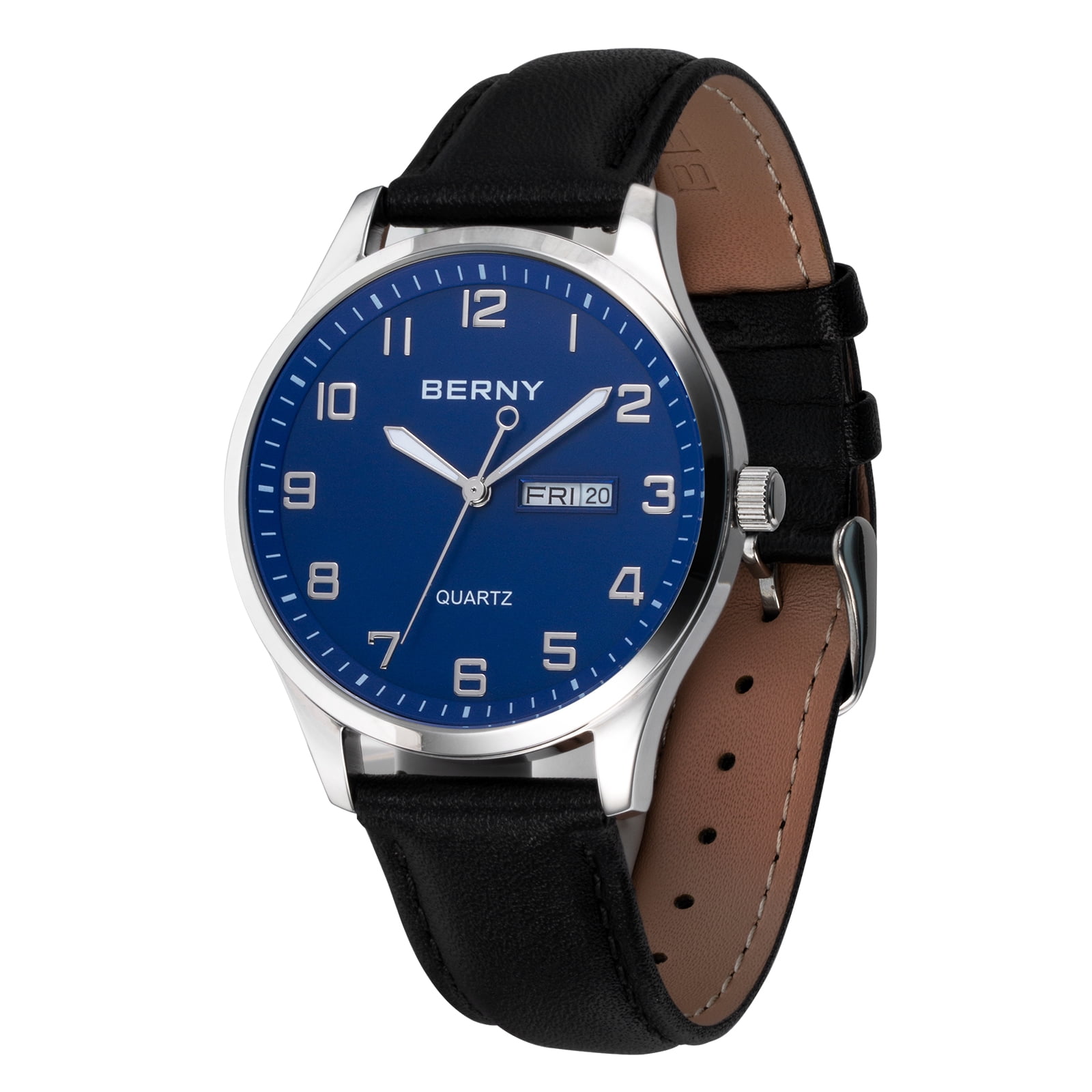 BERNY Modern Quartz Watch for Men Casual Easy Read Wristwatch with Arabic Numeral Watch Dial, Genuine Leather Strap and Day & Date Calendar-Blue Dial