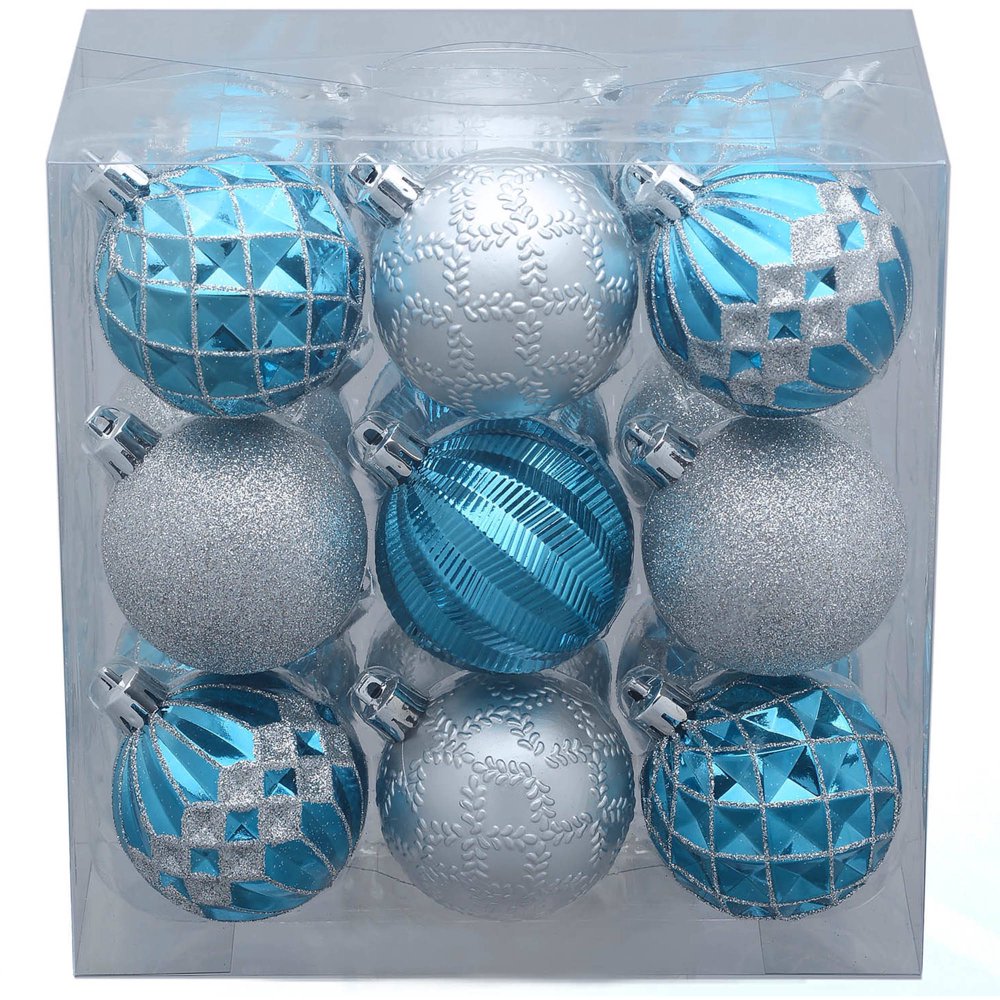 Holiday Time 18Pack Teal/Silver Round Ornaments