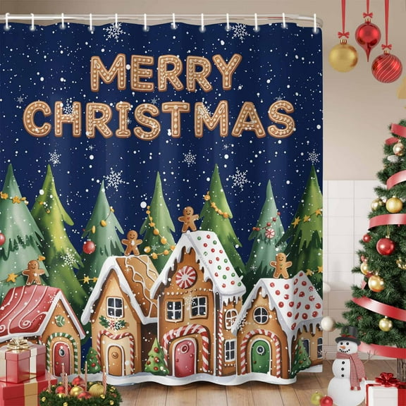 Christmas Tree Shower Curtain, Winter Snowflake Xmas Gingerbread Waterproof Fabric Shower Curtains with 12 Hooks, Bathroom Curtain Set for Bathroom Accessories Decor, 36 x 78 Inches
