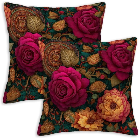 Dark Floral Throw Pillow Covers 18x18 Set of 2 | Vintage Rose Botanical Cushion Covers | Boho Gothic Decorative Pillowcases for Couch Sofa Living Room Bedroom Home Decor