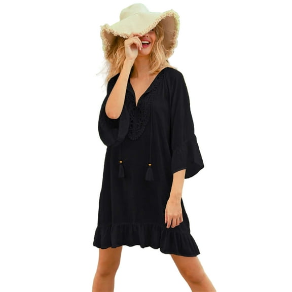 Sexy Bikini Cover-ups Black Tunic Casual V-neck Tassel Summer Beach Dress Plus Size Women Swimsuit Cover Up House Dress