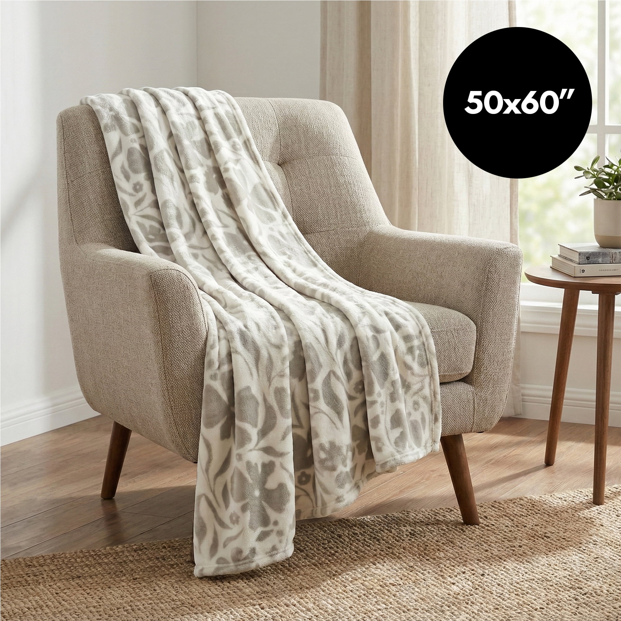 Americanflat Throw Blanket - 50x60 inch Printed Fleece - Floral Design - Lightweight Warmth - White