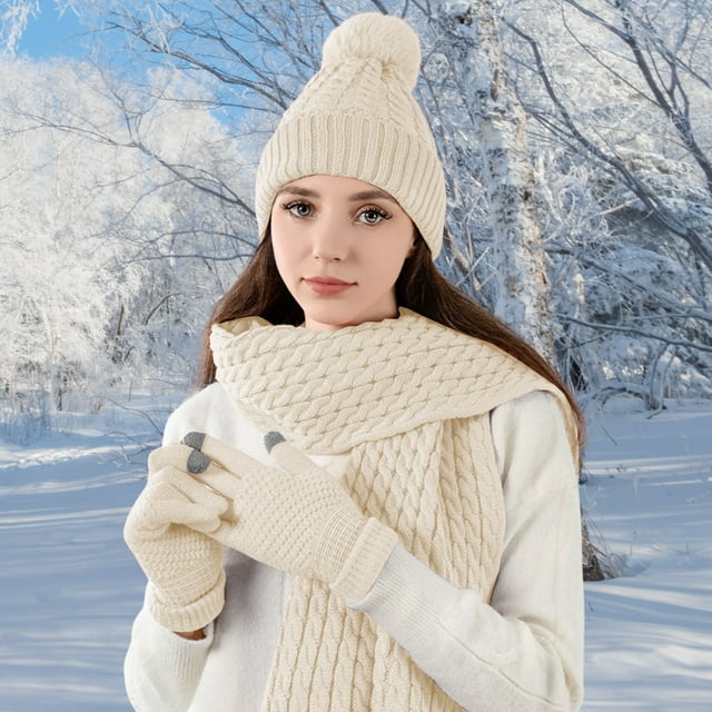 Conjunto de gorro, bufanda y guantes de invierno para mujer, gorro de punto de 3 piezas, bufanda de cuello largo, guantes para pantalla táctil, accesorios cálidos de acrílico suave para