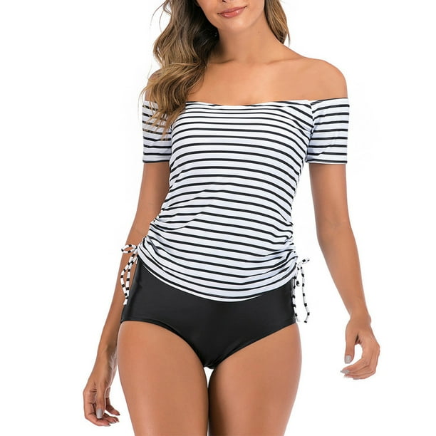 Plus Size Women Tankini Swimsuit Off Shoulder Tummy Control Two Piece  Bathing Suits Padded Push-Up Beachwear Swimwear Set