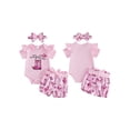 thumbnail image 2 of BemeyourBBs Baby Girl Summer Outfits Letter Boots Cow Print Crew Neck Short Sleeve Romper Shorts and Bow Headband 3 Pcs Set, 2 of 9