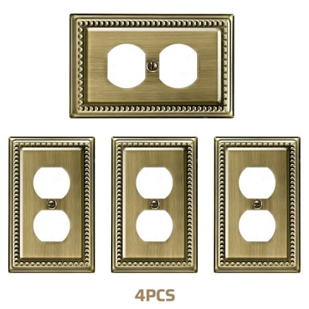 DEWENWILS 4 Pack Metal Outlet Covers, Duplex Wall Plate Cover, Antique Brass Light Switch Cover Plates, 4.92"×3.14" Sunken Pearls Decorative Wall Plates Electrical Outlets