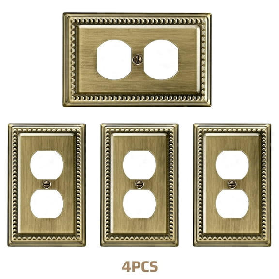 DEWENWILS 4 Pack Metal Outlet Covers, Duplex Wall Plate Cover, Antique Brass Light Switch Cover Plates, 4.92"×3.14" Sunken Pearls Decorative Wall Plates Electrical Outlets