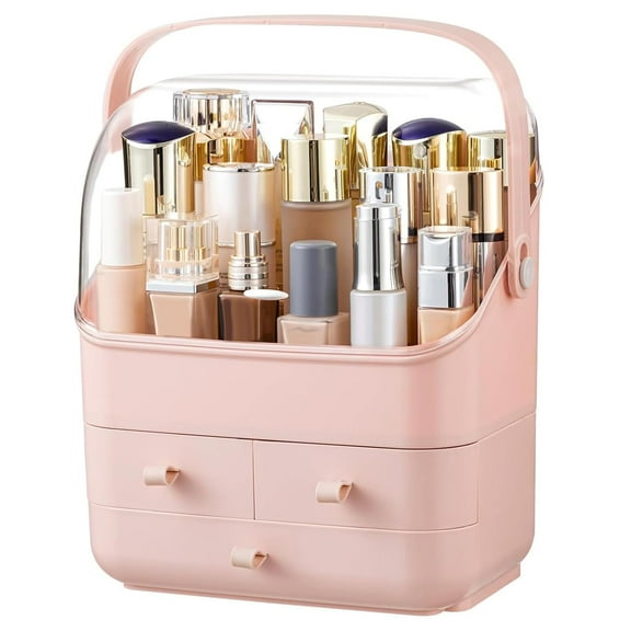 Makeup Organizer, Waterproof & Dustproof Cosmetic Storage, Fully Open Lid Makeup Display Box, Skincare Organizer for Bathroom Countertop Vanity, Pink
