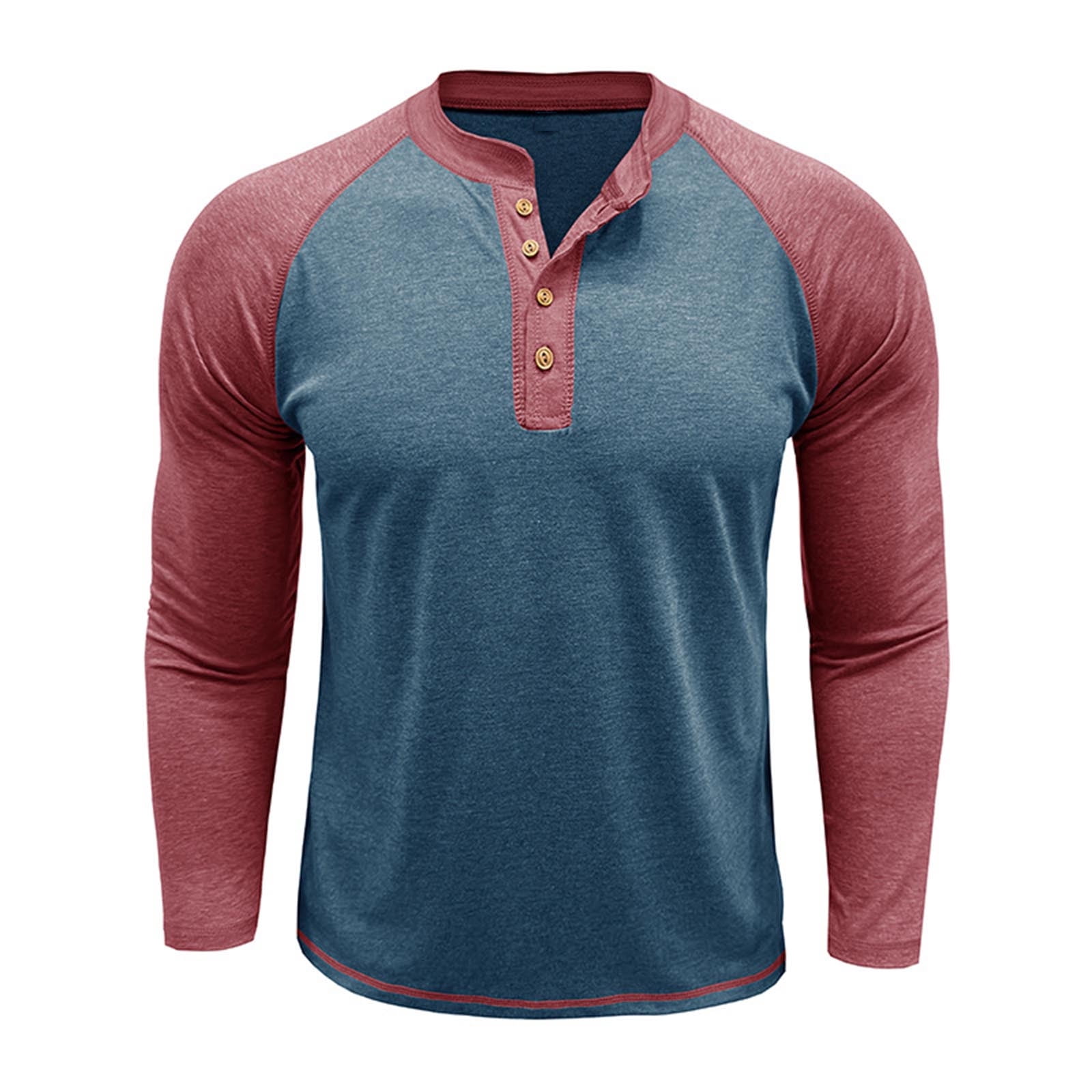 Feancey Cotton Henley Shirts for Men Raglan Long Sleeve Button Up Tshirt Color Block Fashion Baseball T-Shirts Slim Fit Casual Gym Muscle Tees Blue S