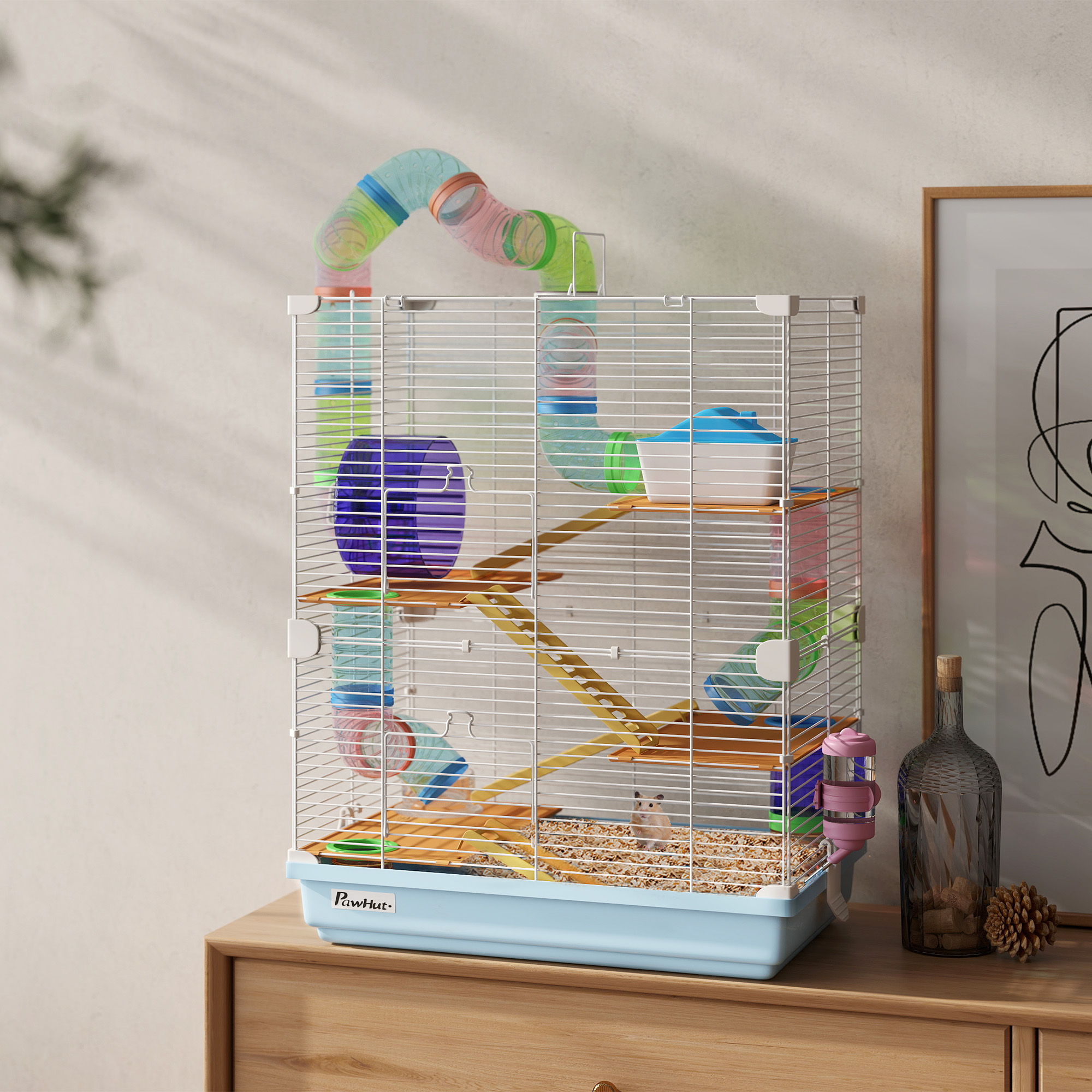 18" 5 Tier Hamster Cage with Tubes and Tunnels, Small Animal Cage with Portable Carry Handle, Gerbil Cage with Water Bottle, Food Dish, Exercise Wheel, Light Blue