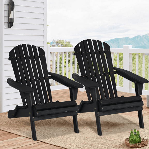 Dkelincs Folding Adirondack Chair Set of 2 Weather Resistant Patio Lawn Chair Wooden Outdoor Chairs for Garden Backyard, Black