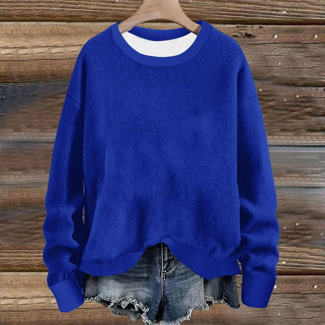 lcziwo Chandails à Col Rond pour Femmes Automne Hiver 2024 Décontracté Uni à Manches Longues Hauts Chandail Ample Sans Capuche Haut Offres du Jour Liquidation Bleu,TTG