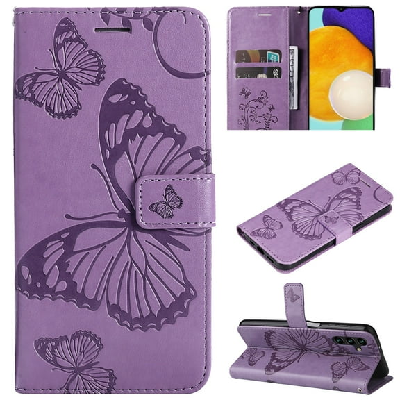 for Samsung Galaxy A14 5G Wallet Case, Kickstand Case with Credit Card Holder, Embossed Butterfly Pattern with Strap Premium PU Leather Magnetic Closure Shockproof Protective Flip Cover, Purple