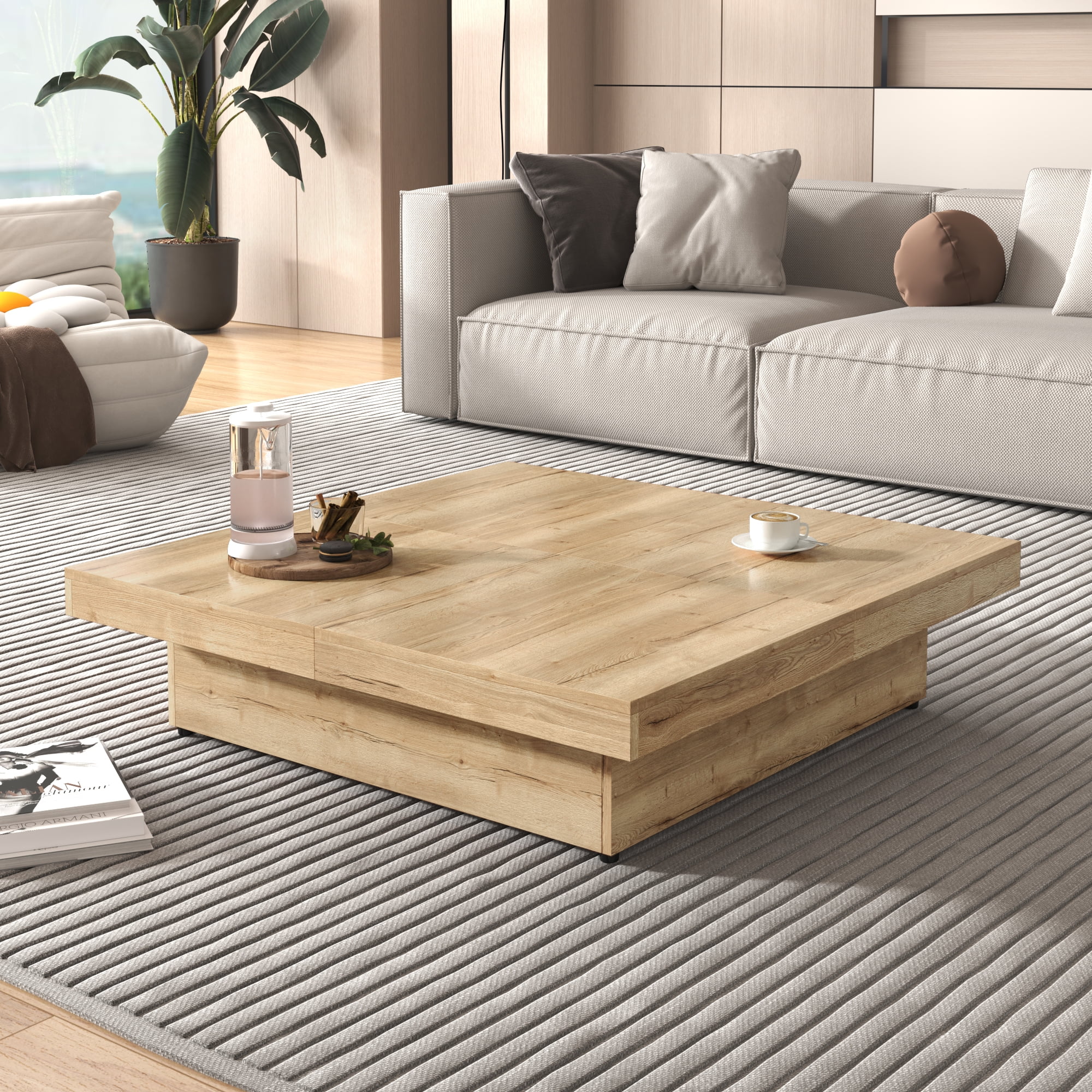 Euroco Square Veneer Coffee Table Sliding Top with Storage in Natural Wood Grain 39.4''