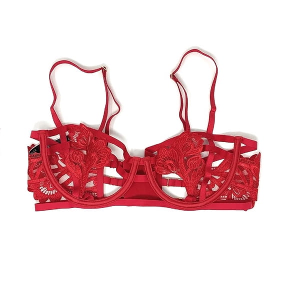 Victoria's Secret Very Sexy Strappy Unlined Balconet Bra Red Applique Floral Cup Size 38D NWT