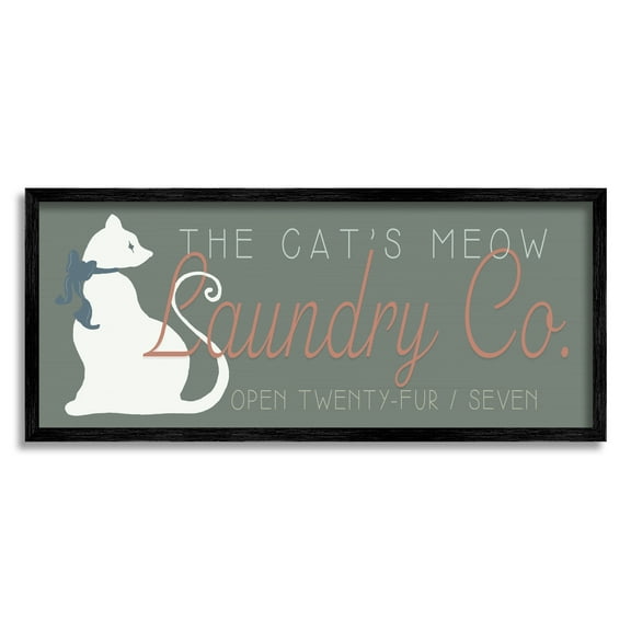 Stupell Industries Vintage Cat's Meow Laundry Novelty Painting Black Framed Art Print Wall Art, 24 x 10