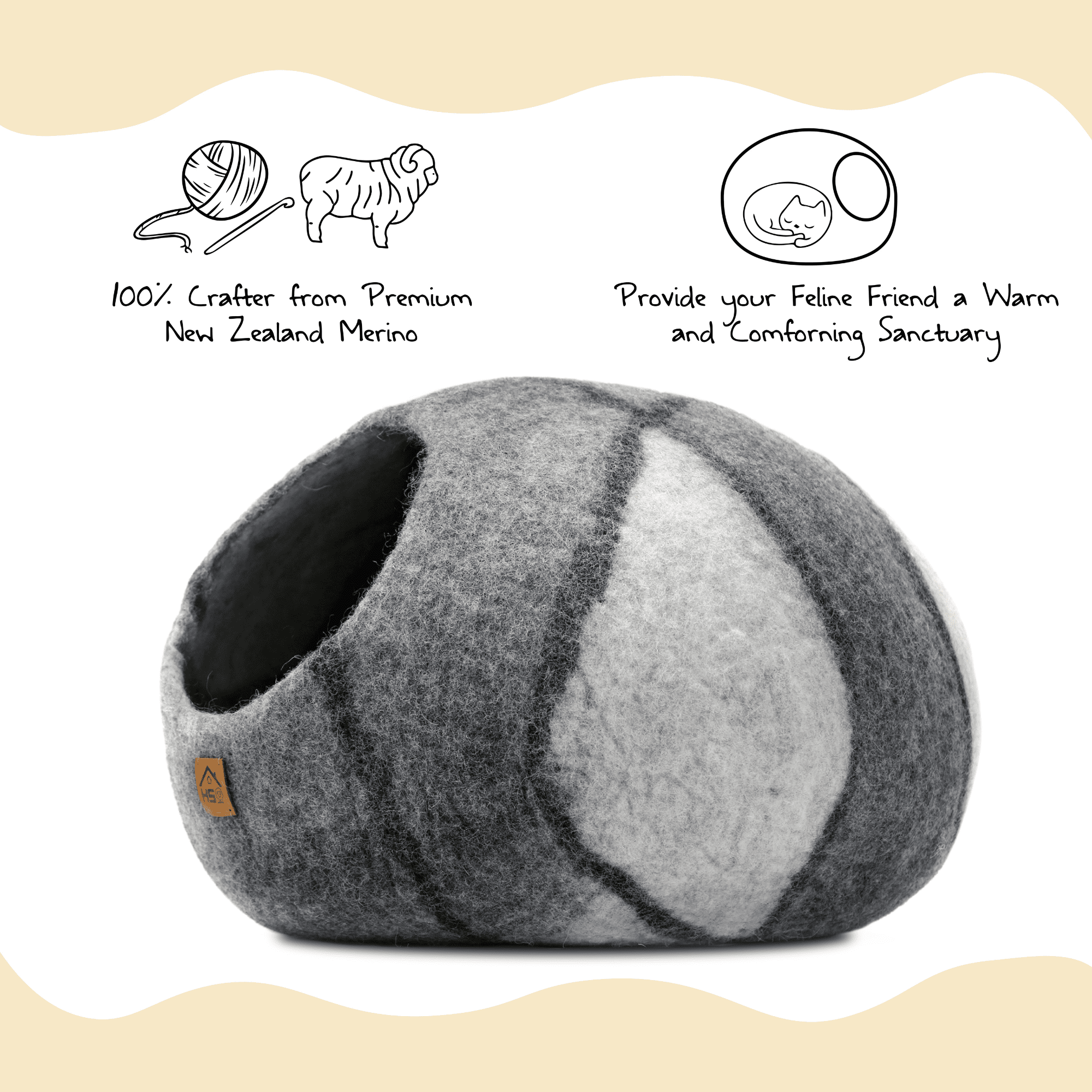 HAUSSIMPLE Wool Cat Cave Bed for Large Cats, Pet Sleeping Bed Natural 100% Merino Wool - Gray White