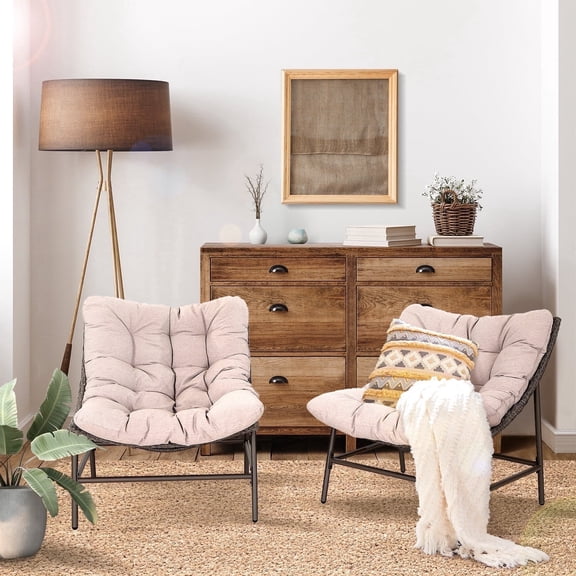 MF Studio Set of 2 Outdoor Patio Rattan Papasan Chair Oversized Scoop Lounge Recliner Egg Chair with Gray Cushion