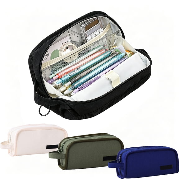 Hyknon Black Pencil Case Large Capacity Zipper Pencil Pouch with Side Handle Canvas Minimalists Makeup Stationery Storage Bag for Travel College Office Supplies