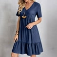 thumbnail image 2 of Luxalzxs Beach Dresses for Women Vacation Short Sleeve V Neck Mini T Shirt Dress Pleated Ruffle Flowy Summer Dress Casual Swing Tiered A Line Sundress, 2 of 9