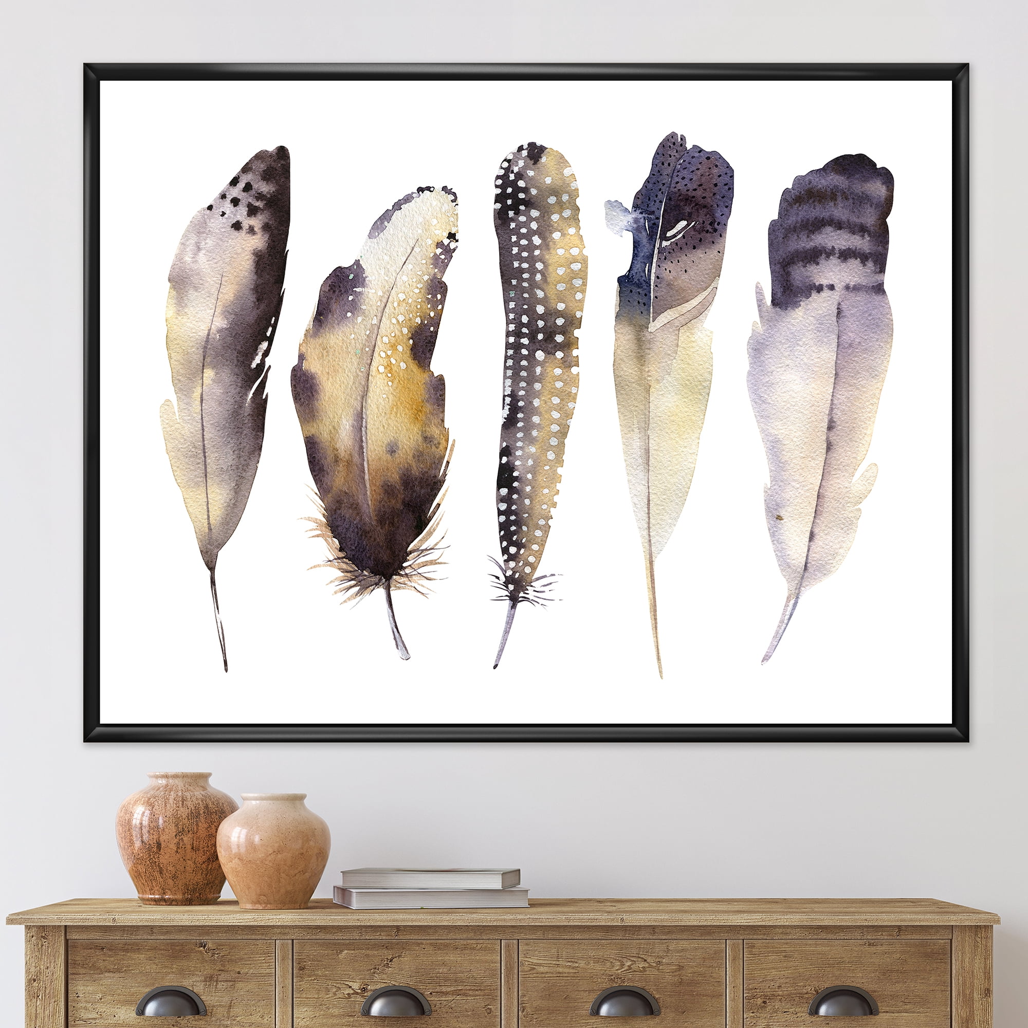 Designart 'Dark Gray Feathers Boho Ethnic I' Bohemian & Eclectic Framed Canvas Wall Art Print