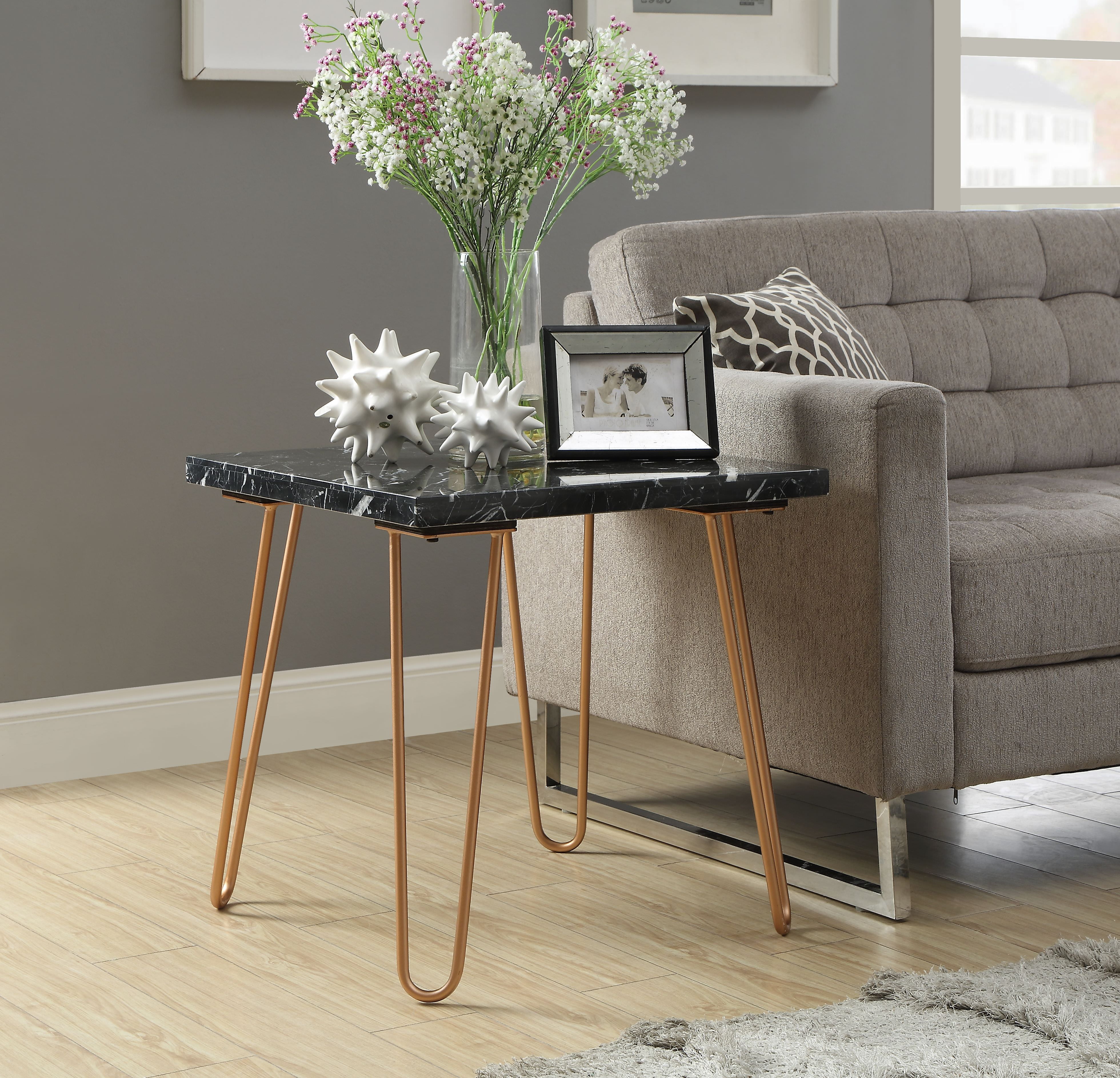 ACME Telestis Square Marble Top End Table in Marble and Gold