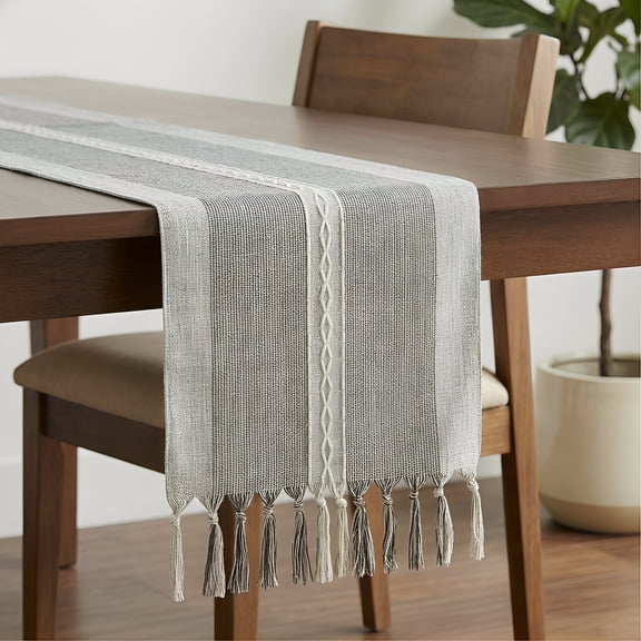 Unique Bargains Home Decorations Tassel Polyester Kitchen Runner Gray 13x63in
