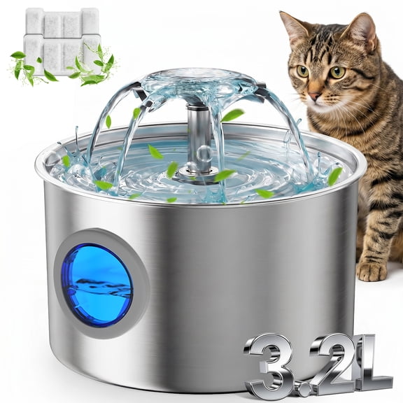 Beteliva Stainless Steel Cat Water Fountain, 108oz/3.2L Automatic Pet Water Dispenser for Cats and Dogs with Replacement Filters