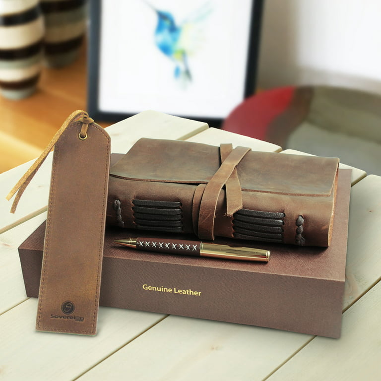 Leather Journal Gift Set with Antique Leather Bookmark + Pen, Handmade  Writing Notebook 7x5 Inches Unlined Leather Bound Daily Notepad for Men for