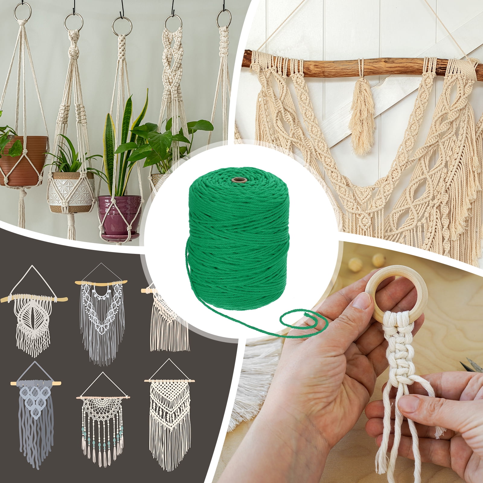 Uxcell Natural Macrame Cord 3mm x 328 Yards 4 Strand Twisted Cotton Macrame Rope for DIY Knitting Plant Wall Hanger Dreamcatcher, Emerald Green
