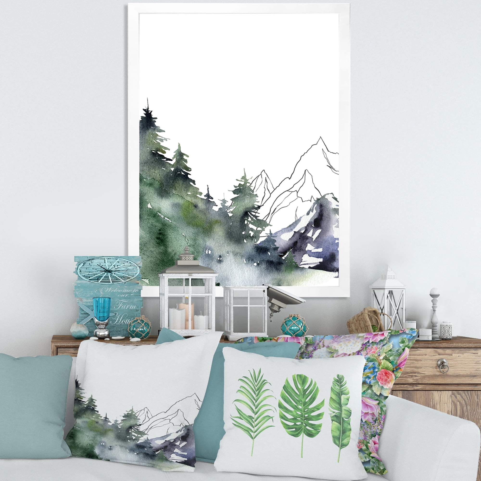 Designart 'Trees With Winter Dark Blue Mountain Landscape III' Modern Framed Art Print