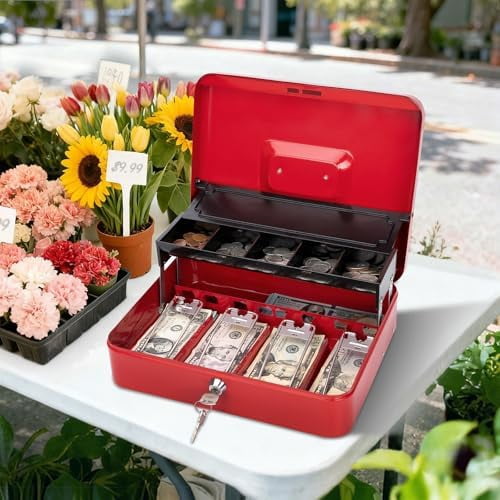Cash Box with Money Tray and Lock -Red Cash Box with Key Lock Safe Money Box Large, Locking Cash Register Drawer Box for Money, 11.8'' x 9.5'' x 3.5'', SM-CB005RED