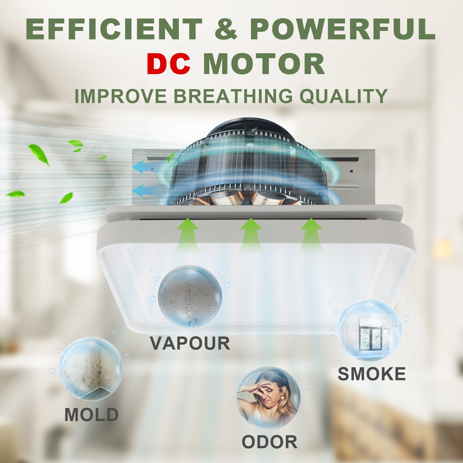 Akicon Bathroom Exhaust Fan with Light, 50-80-100 CFM DC Motor, 1.2 Sones Bathroom Vent Fan, 3CCT LED Light 2700K/4000K/5500K with 7W Night Light Quiet Energy Saving Bathroom Ceiling Fan, White.