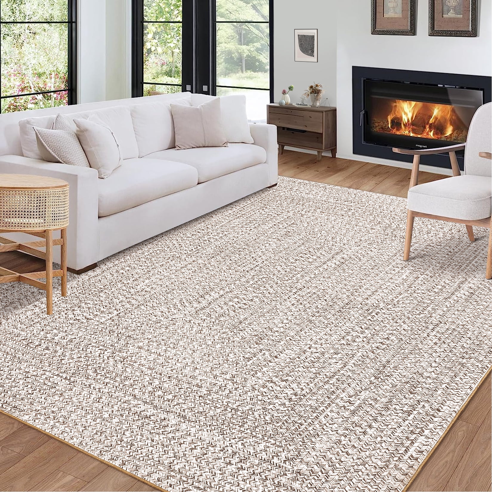 Garvee 3'x5' Area Rugs Braided Print Rugs, Machine Washable Indoor Rug Non-Slip Low Pile Farmhouse Solid Carpet for Bedroom, Living Room, Dining Room Office, Beige