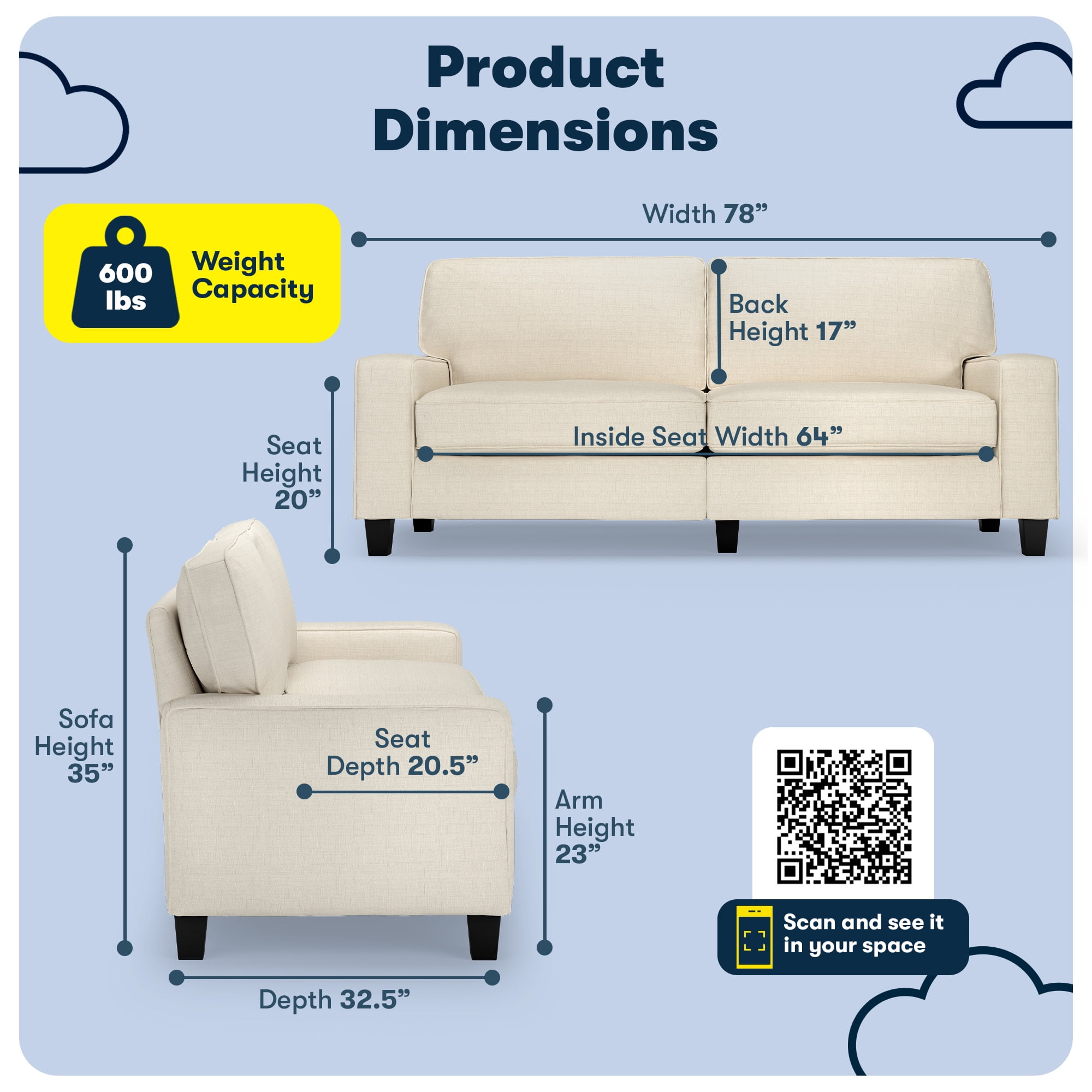 Serta Palisades 78 Inch Track Arm Sofa with Removable Covers in Buttercream