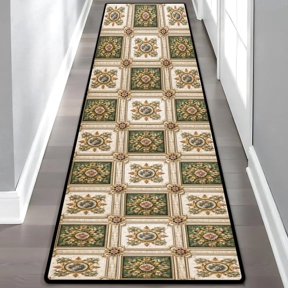Vintage Floral Medallion Runner Rug, Green Gold Ornate Hallway Runner, Traditional Victorian Style Washable Floor Mat for Entryway Kitchen