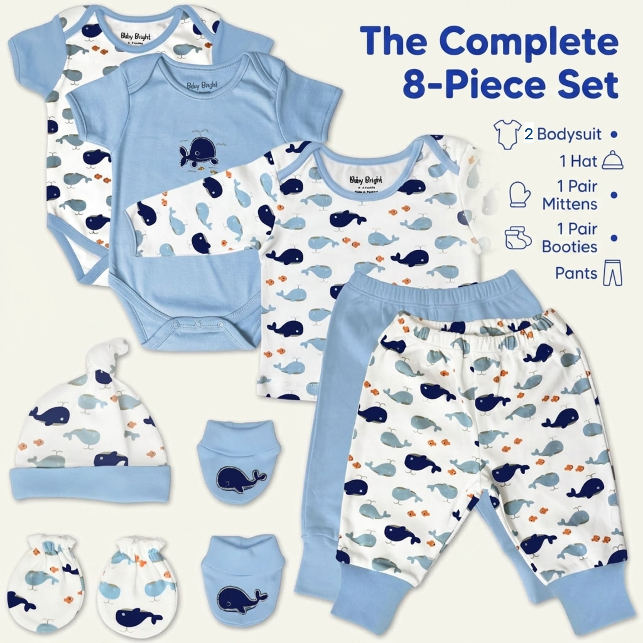 Baby Bright Newborn Essentials Must Have Clothes for Baby Boy, Outfit Gifts for Infant, Baby Shower Gift, 8-Pieces, Size 0-3 Months