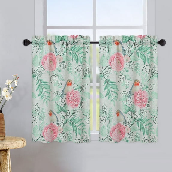 Linen Blend Fabric Rod Pocket Tier Curtain, Floral Bird Printed Short Curtain Drapes