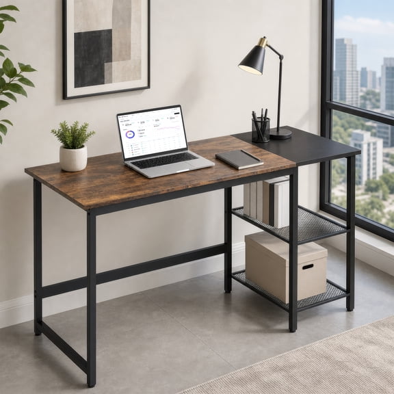 59" Industrial Computer Desk with Storage Shelves & Charging Station, Home Office Desk Gaming Desk,Rustic Brown